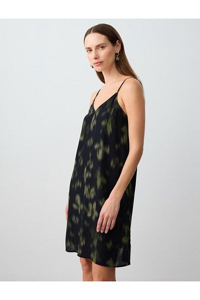 Jimmy Key Black Relaxed Cut Strap V-Neck Patterned Woven Mini Dress