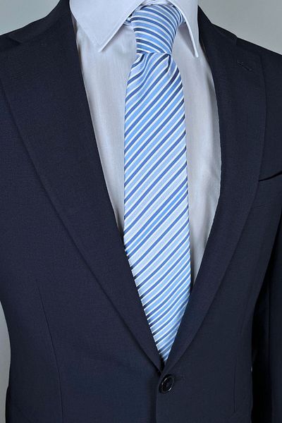 1001 Kravat 8 cm Wide Blue Striped Classic Tie