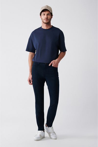 Avva Men's Navy Blue Flexible 5-Pocket Canvas Trousers E 003055