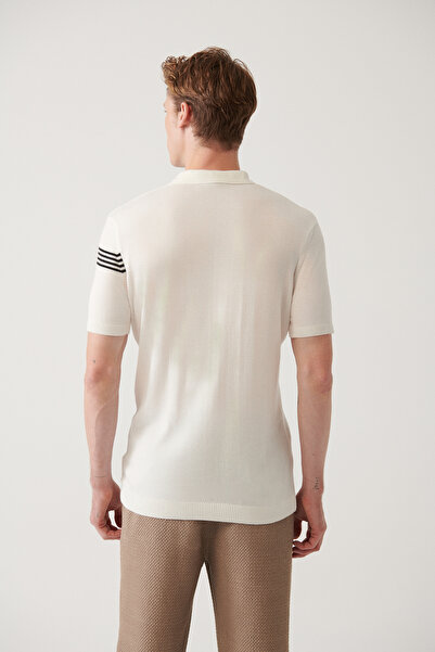 Avva Men's White Zippered Stripe Detailed Polo Neck Knitwear T-Shirt A31Y5127