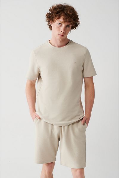 Avva Beigefarbenes Herren-T-Shirt aus 100 % Baumwolle mit Rundhalsausschnitt A31y1164