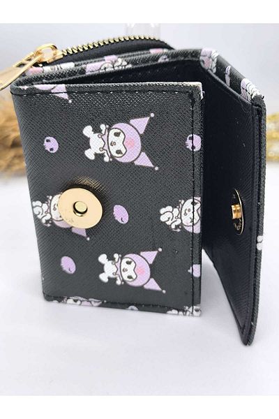 Ece Takı Aksesuar Black Color Kuromi Pattern Wallet with Card Holder and Coin Compartment