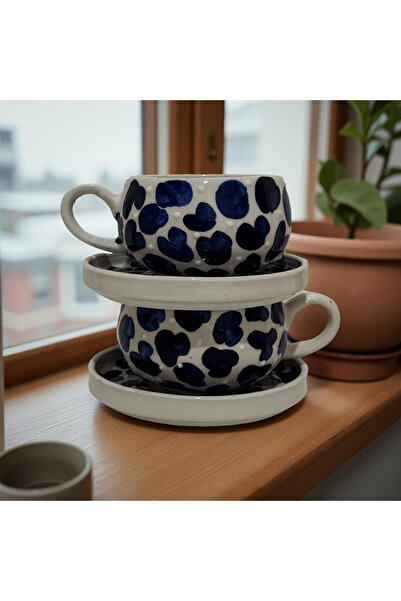 Çiporcal Beren lacivert Dalmaçyalı 2li tabaklı kupa seti el dekoru