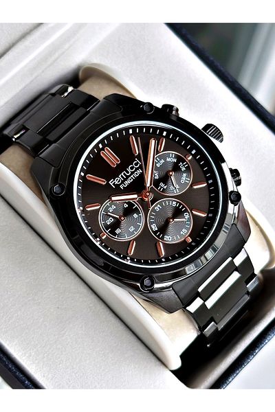Ferrucci Black Color Functions Active Classic Steel Band Men's Wrist Watch + Bracelet