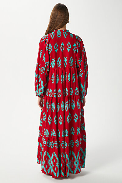 Ritnice Modest Megan Red Turquoise Women's 100% Viscose Maxi Length Tiered Balloon Sleeve Long Summer Dress