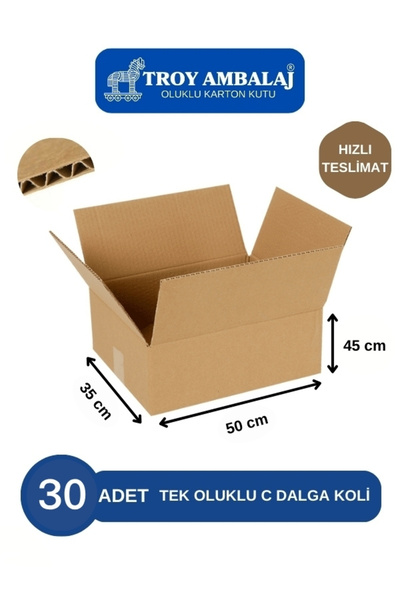 TROY AMBALAJ 50x35x45 Tek Oluklu Kutu C dalga (30 Adet) Taşıma Taşınma Kolisi...