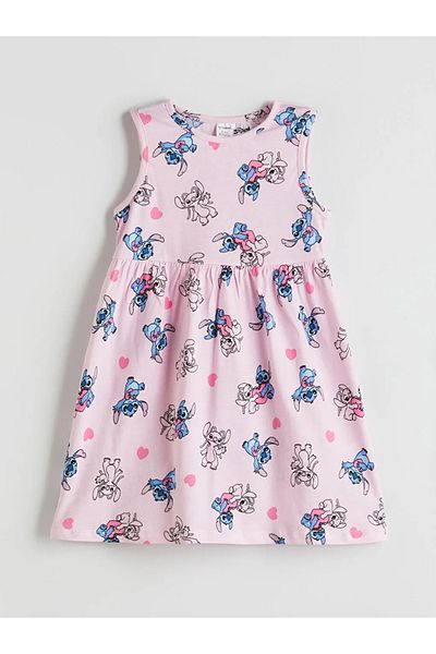 LC Waikiki Pink Crew Neck Printed Girl's Dress