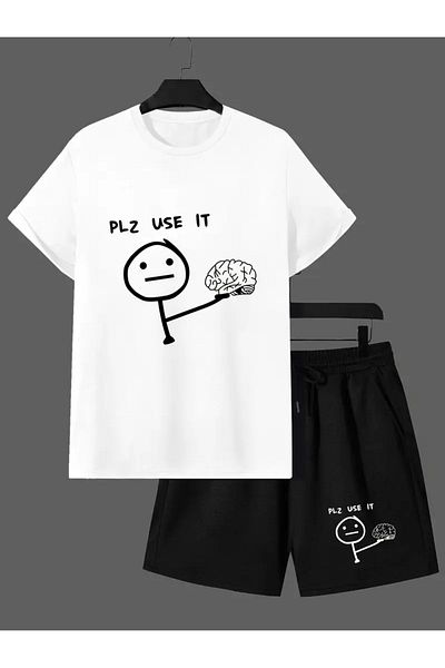 ALİKA Men's Plz Use It Printed Bottom Top Set Black Shorts White T-Shirt Casual Bottom Top Set