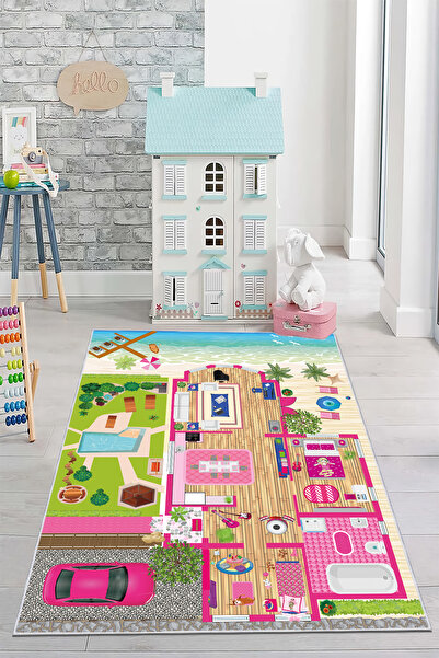 CENTER AVM Pembe Çocuk Odası Halısı Leke Tutmaz Makinede Yıkanabilir Kaymaz Taban Halı