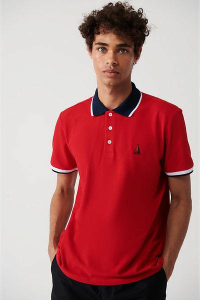 Avva Rotes Herren-T-Shirt mit Polokragen, 100 % Baumwolle, Marine-Aufdruck, A31y1189