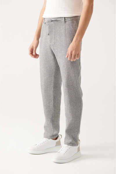 Avva Men's Gray Elastic Waist Lace-Up Linen Textured Side Pocket Chino Pants A31Y3053