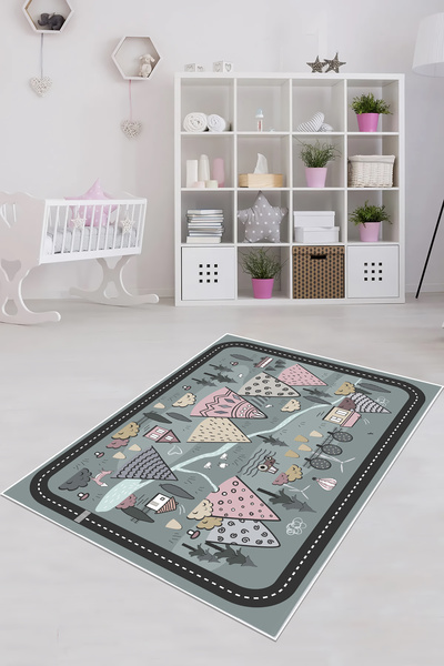 CENTER AVM Gri Çocuk Odası Halısı Leke Tutmaz Makinede Yıkanabilir Kaymaz Tab...