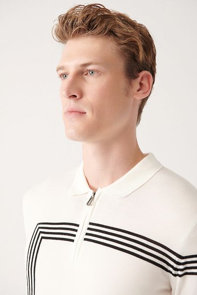 Avva Men's White Zippered Stripe Detailed Polo Neck Knitwear T-Shirt A31Y5127