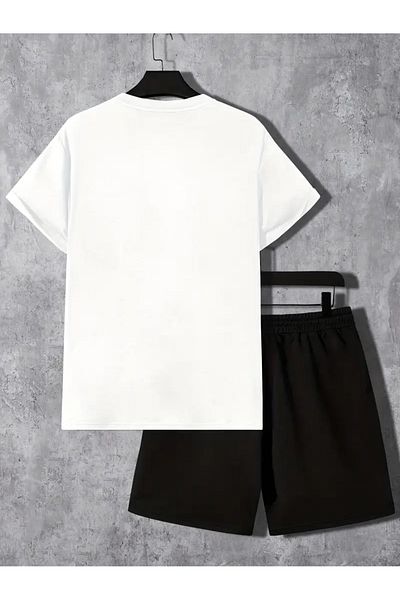 ALİKA Men's Plz Use It Printed Bottom Top Set Black Shorts White T-Shirt Casual Bottom Top Set