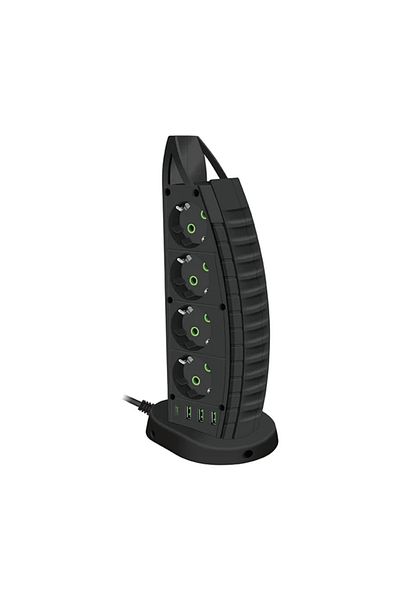ELMHURST Tower Extension Cord ELMHURST, 4 x USB Ports, 8 AC Outlets, 2500 W, Surge Protection, Switch, Black