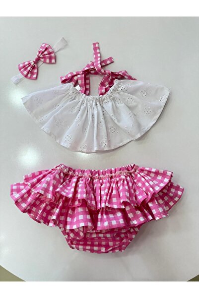 Hly Karol Tasarım Pembe Kareli Crop Takım Kız Bebek Elbise,Doğum günü elbise,...