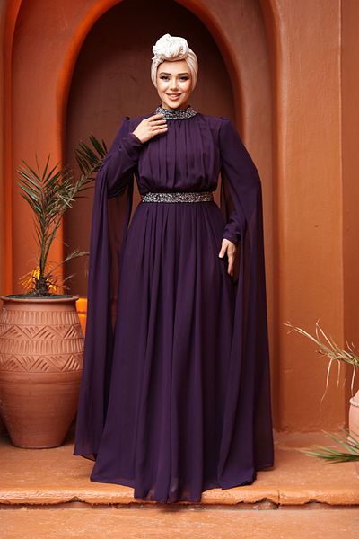 N.S NEVA STYLE Βραδινό φόρεμα με μανδύα ώμους Plum Hijab 25911MU