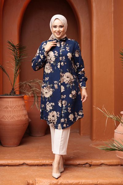N.S NEVA STYLE Patterned Navy Blue Hijab Viscose Tunic 11550L