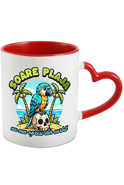 StoryGift Romania Cana papagal pe plaja, nu ma opresc din vorbit, haios vacanta, 330ml, Ceramica c, Cu Maner Inim