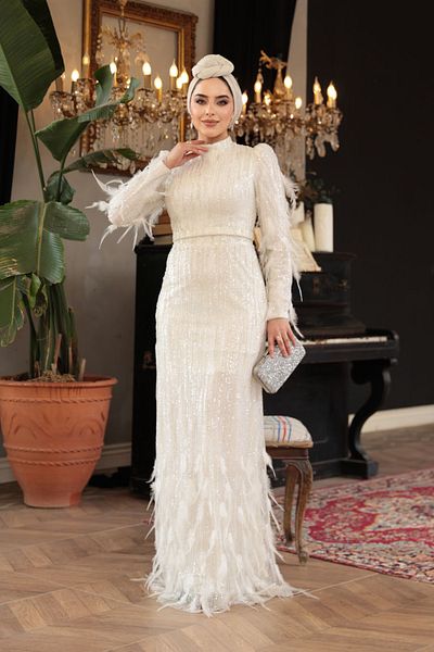 N.S NEVA STYLE Sequin Beaded Embroidered Ecru Hijab Evening Dress 51001E