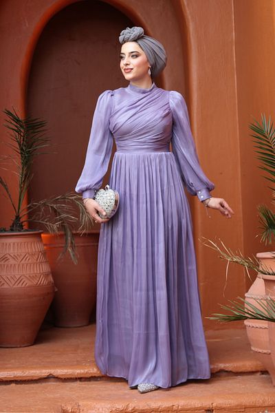 N.S NEVA STYLE Drape Detailed Lilac Hijab Evening Dress 44081Lila
