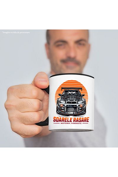 StoryGift Romania Cana soarele rasare motoul porneste masina viteza, 330ml, Ceramica cu Maner Negr, Cu Maner Negru