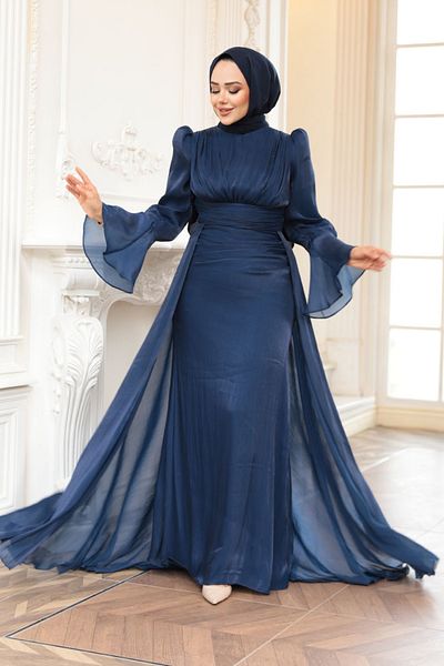 N.S NEVA STYLE Tailed Navy Blue Hijab Evening Dress 4986L