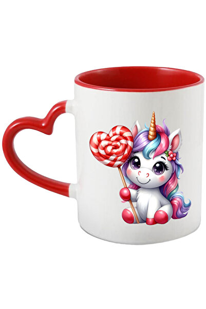 StoryGift Romania Cana cu un unicorn vesel, ilustratie, tine o acadea, imbujorata, dulciuri, pentr, Cu Maner Inim