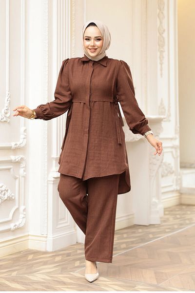 N.S NEVA STYLE Buttoned Brown Hijab Double Suit 68351Kh