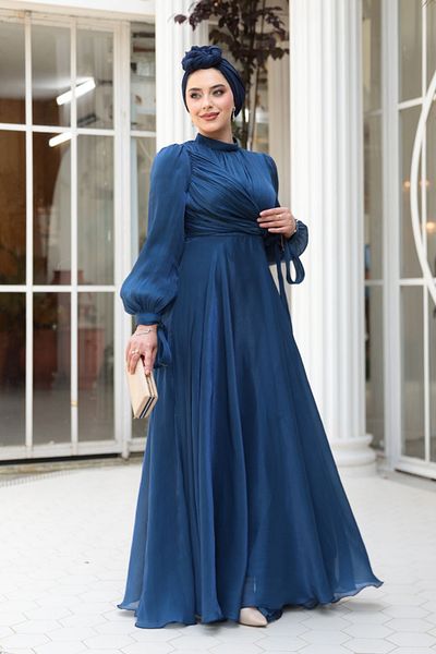 N.S NEVA STYLE Drape Detailed Navy Blue Hijab Evening Dress 4823L