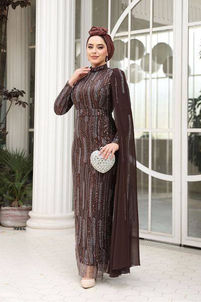 N.S NEVA STYLE Drape Detailed Brown Hijab Evening Dress 49741Kh