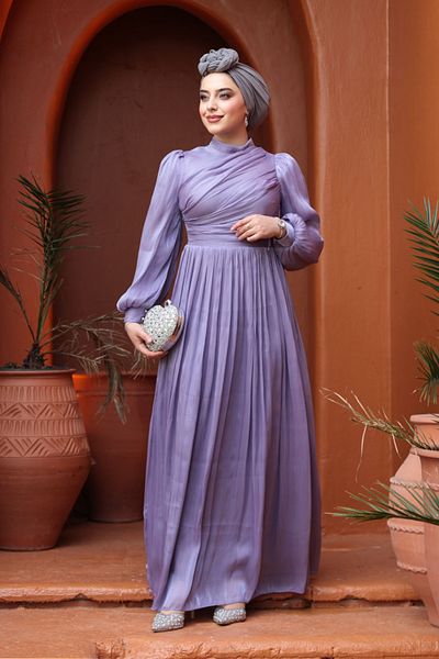 N.S NEVA STYLE Drape Detailed Lilac Hijab Evening Dress 44081Lila