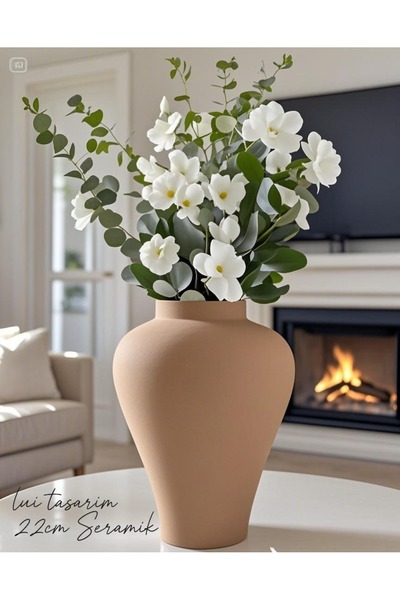 Lui Tasarım Seramik Küp Vazo Kartonrengi 24 Cm Dekorasyon Modern Minimalist B...