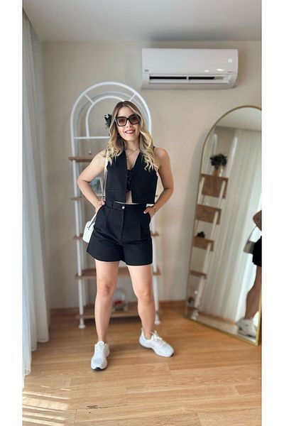 fidoş Women's Linen Shorts Suit Zr Suit Black