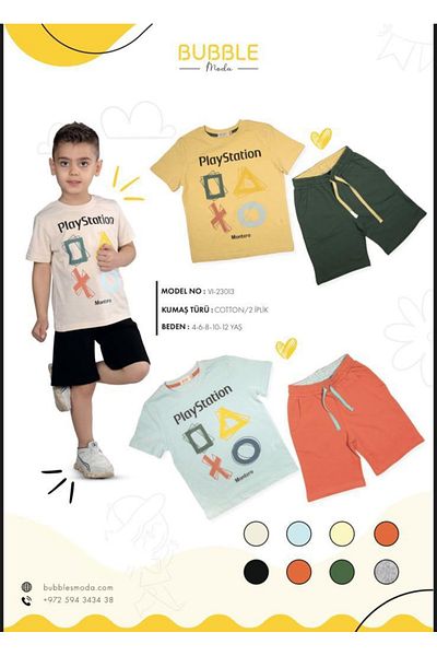 Bubble 4-12 Years Old Children's Cotton 2-Thread Top T-Shirt Printed Bottom Shorts Elastic Waist Two-Piece Set.
