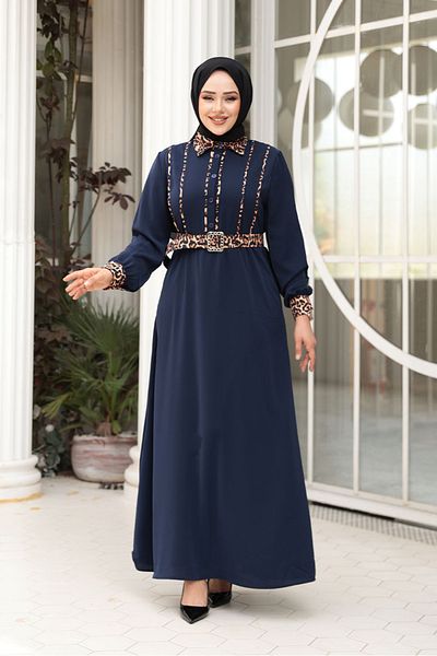 N.S NEVA STYLE Λεοπάρ Λεπτομερές Μπλε Ναυτικό Φόρεμα Hijab 10246L