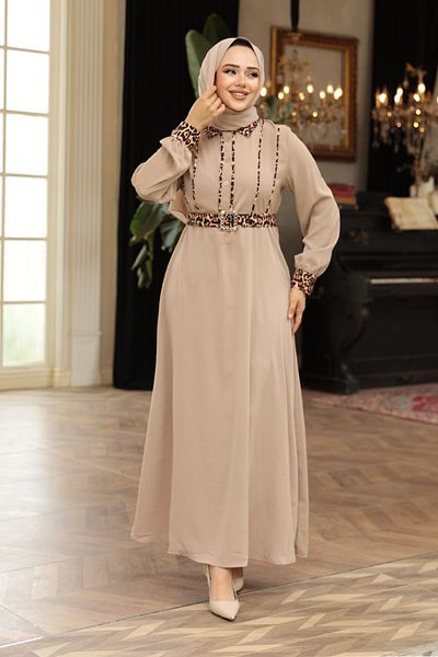 N.S NEVA STYLE Λεοπάρ Λεπτομερές Μινκ Φόρεμα Hijab 10246V