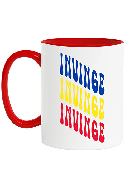 StoryGift Romania Cana Cuvantul Invinge, in Culorile Steagului Romaniei, Rosu, Galben, Albastru, T, Cu Maner Rosu