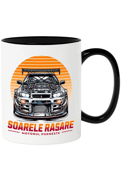 StoryGift Romania Cana soarele rasare motoul porneste masina viteza, 330ml, Ceramica cu Maner Negr, Cu Maner Negru