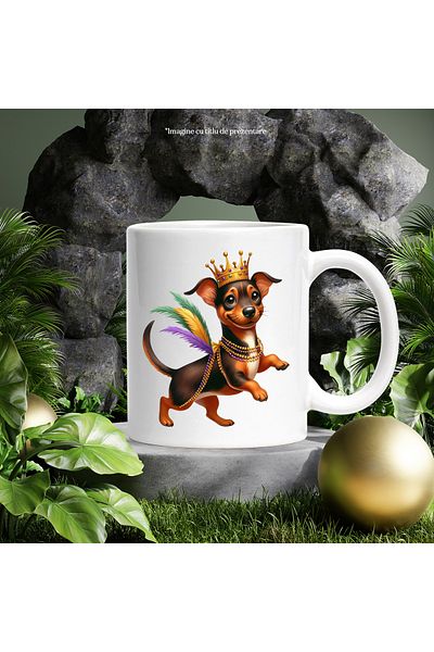 StoryGift Romania Cana cu un catel Dachshund, ilustratie, vesel, danseaza, acrobatii, circ, pene, , Cu Maner Alb