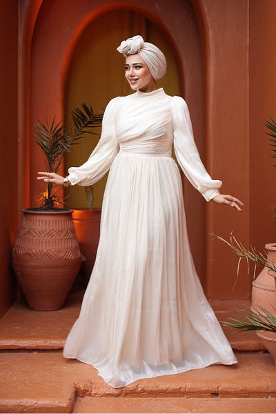 N.S NEVA STYLE Drape Detailed Cream Hijab Evening Dress 44081Kr