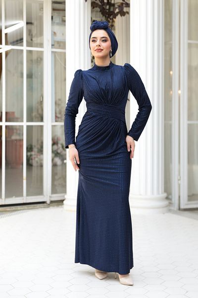 N.S NEVA STYLE Drape Detailed Navy Blue Hijab Evening Dress 50061L