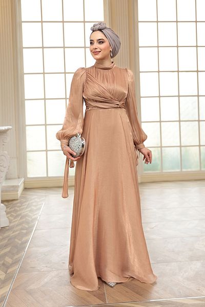N.S NEVA STYLE Drape Detailed Camel Hijab Evening Dress 4823C
