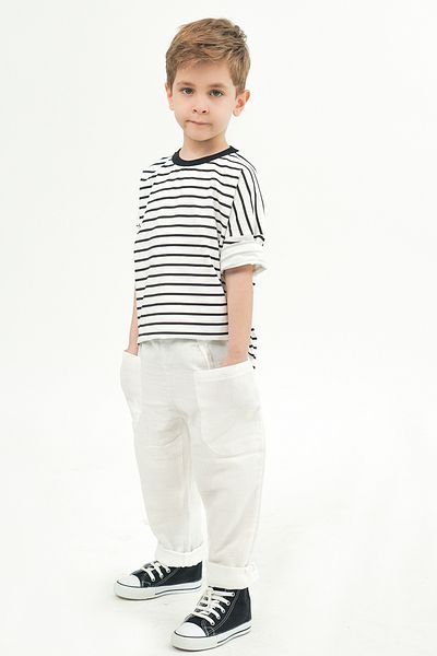 Catz Kids Boyfriend White Muslin Trousers + Black and White Striped Combed Cotton T-Shirt