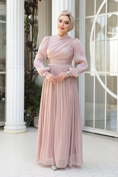 N.S NEVA STYLE Drape Detailed Powder Hijab Evening Dress 44081Pd