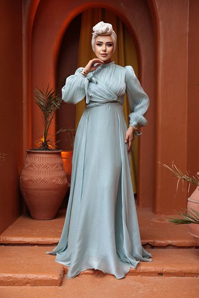 N.S NEVA STYLE Drape Detailed Mint Hijab Evening Dress 4823Mint