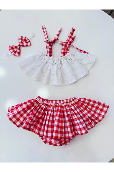 Hly Karol Tasarım Red Plaid Crop Suit Baby Girl Dress, Birthday Dress, Photo Shoot Dress, Suitable for 0-7 Years Old