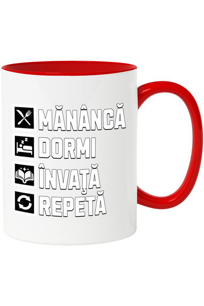 StoryGift Romania Cana mananca dormi invata repeta studiat scoala, 330ml, Ceramic cu Maner Rosu, Cu Maner Rosu