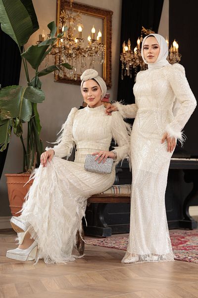 N.S NEVA STYLE Sequin Beaded Embroidered Ecru Hijab Evening Dress 51001E