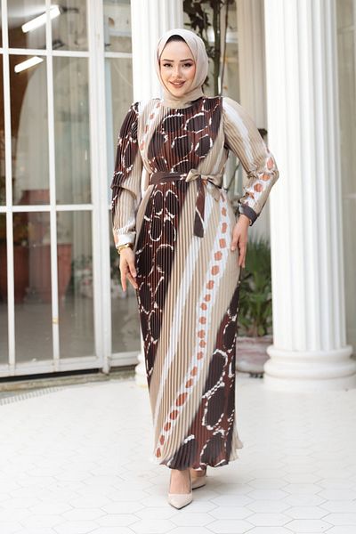 N.S NEVA STYLE Χρυσό Φόρεμα Hijab με Πλισέ Σχέδιο 23503GOLD